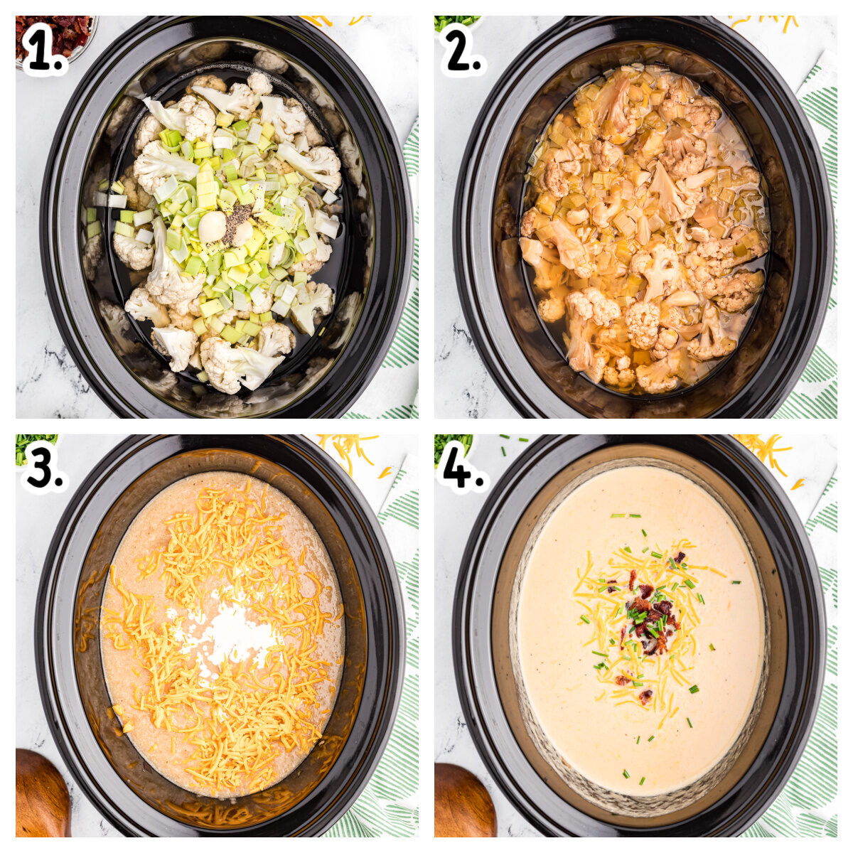 4 images showing how to make cauliflower cheese soup in a crockpot.