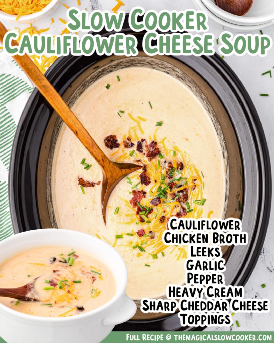 Images of cauliflower cheese soup with text overlay for facebook.
