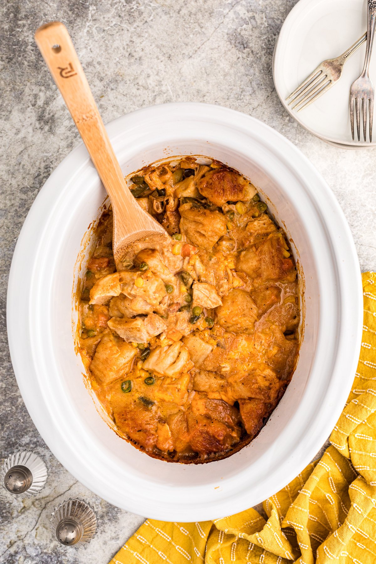 Chicken casserole with biscuits in the crockpot.