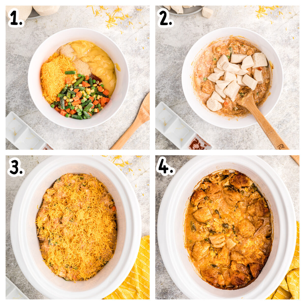 Four images showing how to make chicken bubble up casserole in a crock pot.