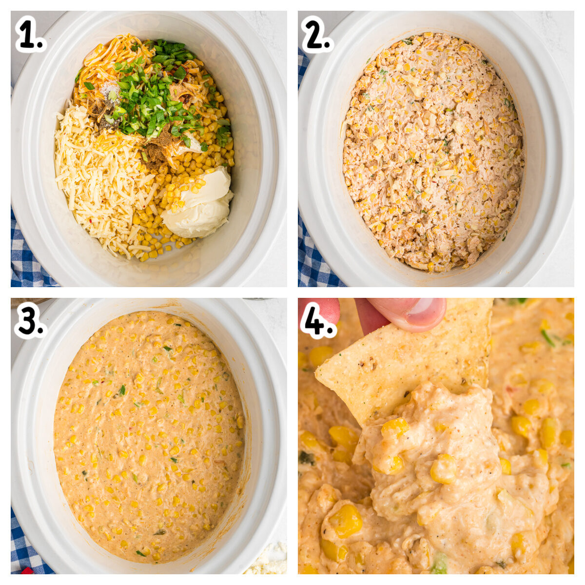 4 images showing how to make corn dip in a slow cooker.