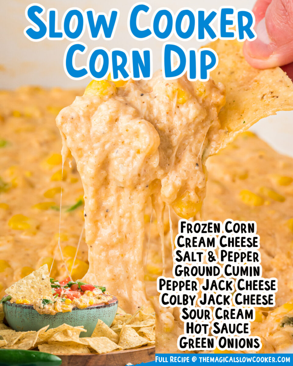 Images of corn dip with text of the ingredients for facebook.