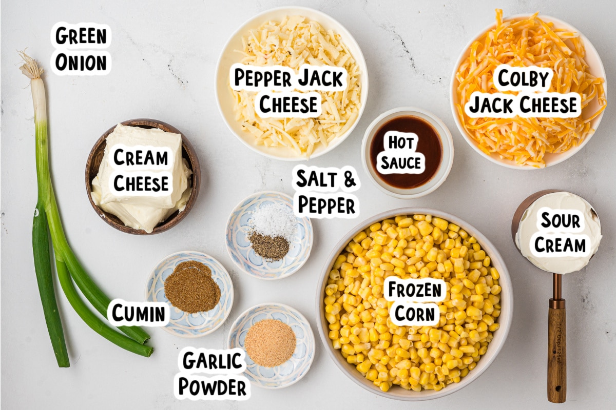 Ingredients for corn dip on a table.