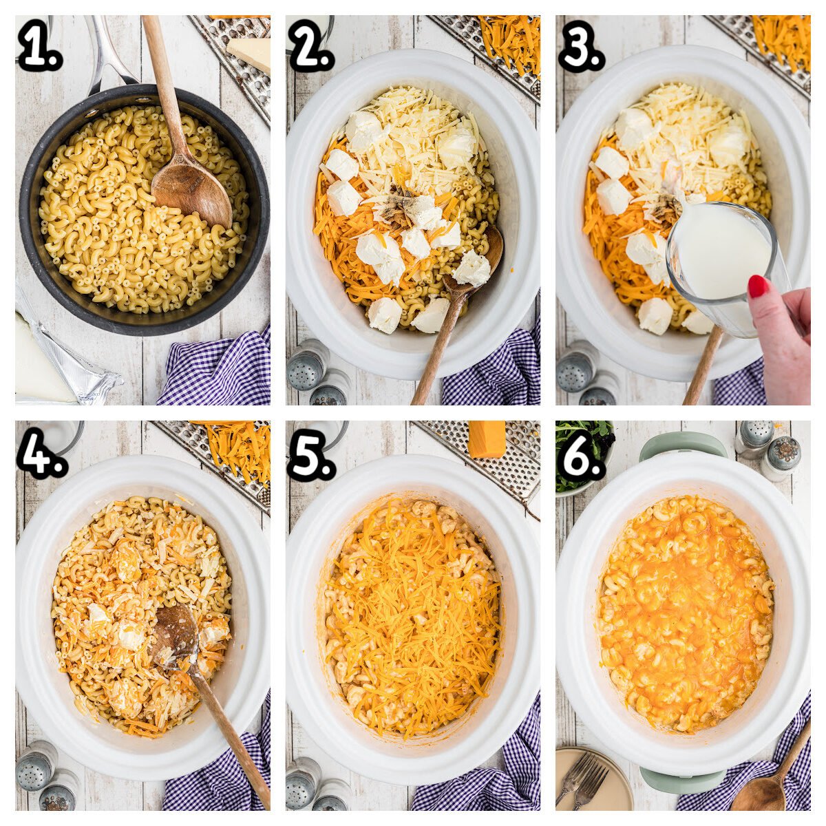 6 images showing how to make crockpot mac and cheese.