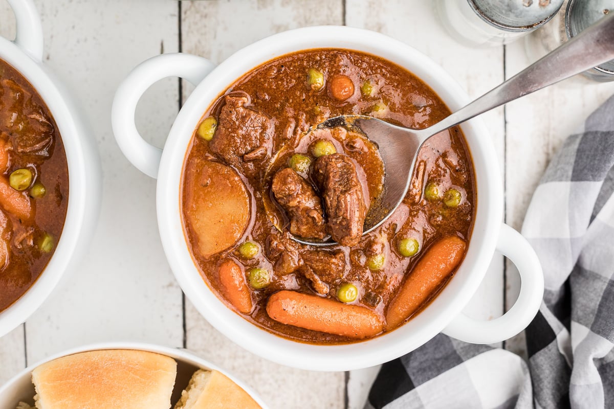 overhead shot of beef stew in a bowl.