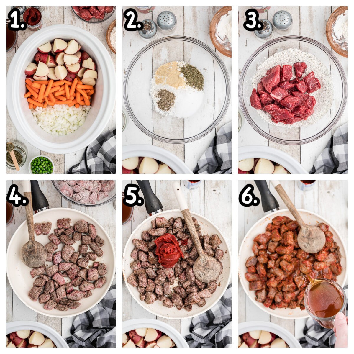 6 images showing how to start assembling beef stew.