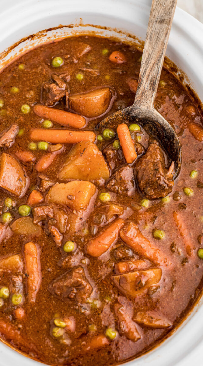 close up of beef stew in the crockpot.