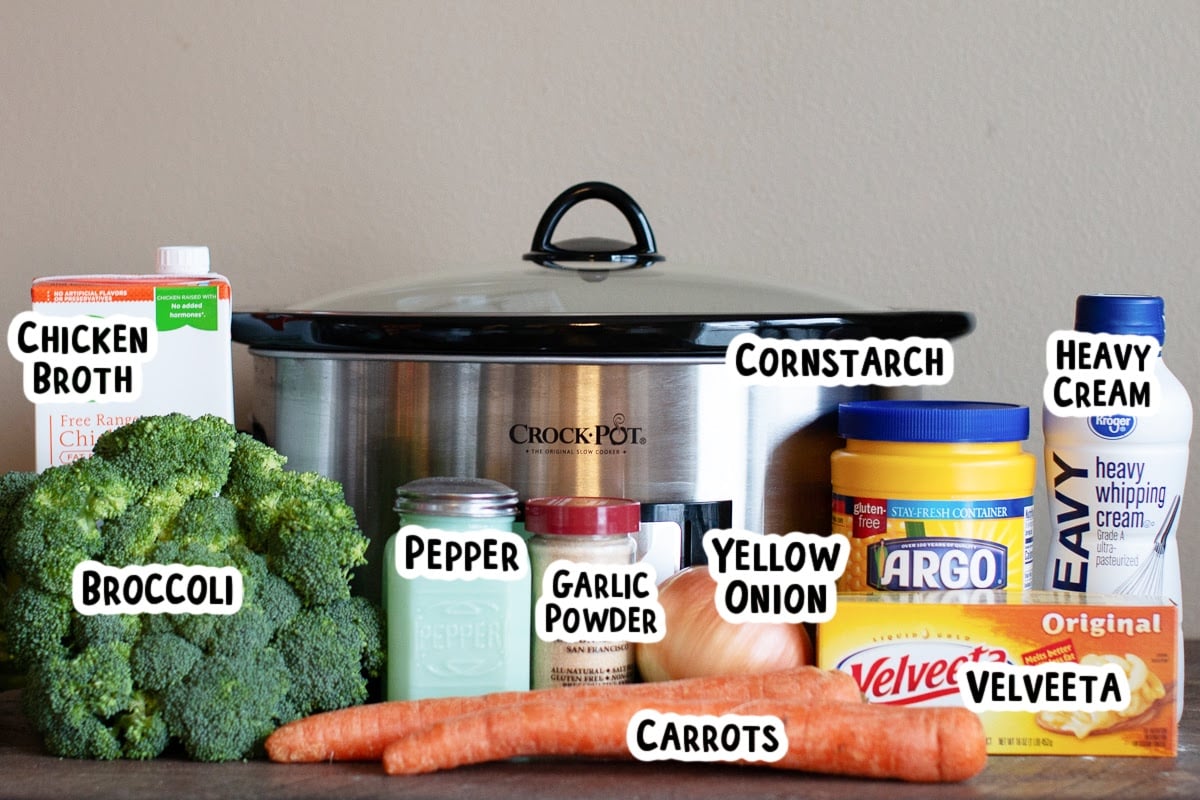 Ingredients for broccoli cheese soup with text of ingredients.