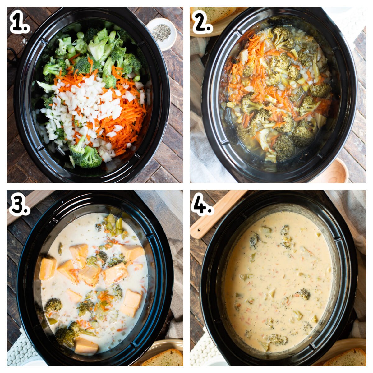 4 images showing how to make broccoli cheeese soup in the crockpot.