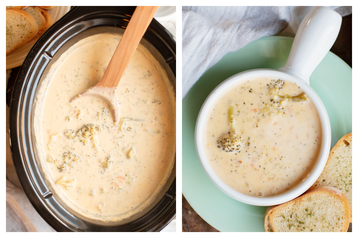 2 images of broccoli cheese soup.