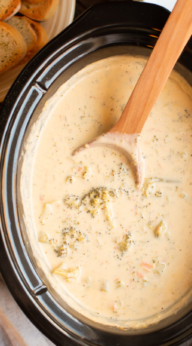 Long image of broccoli cheese soup for pinterest.