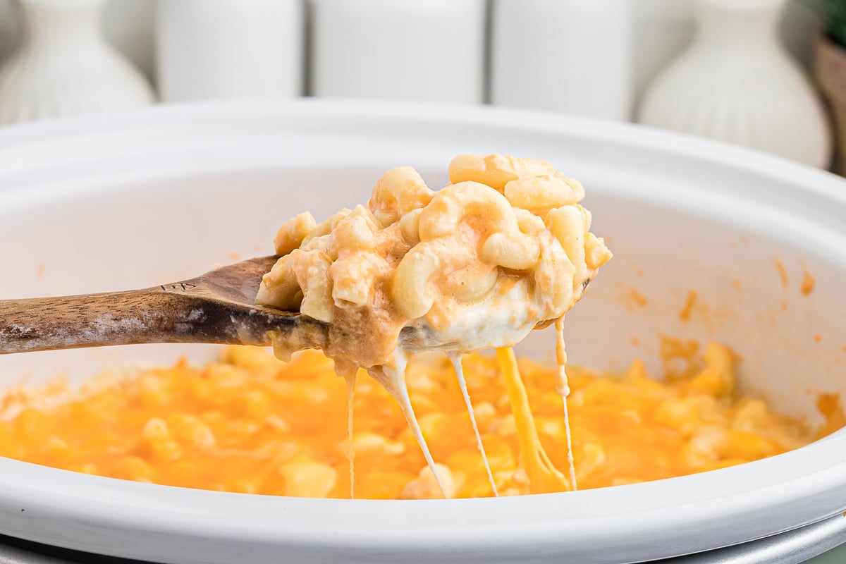 macaroni and cheese on a wooden spoon.