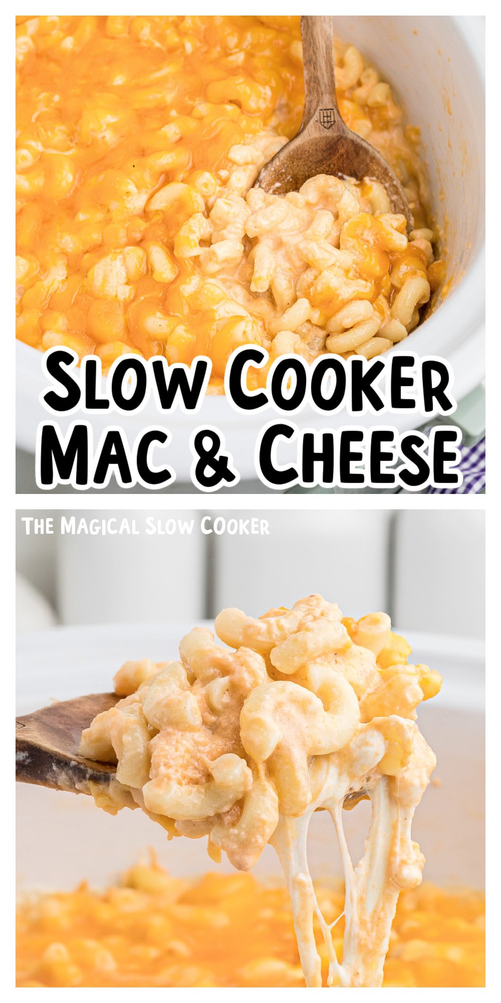 2 images of cooked macaroni and cheese for pinterest.