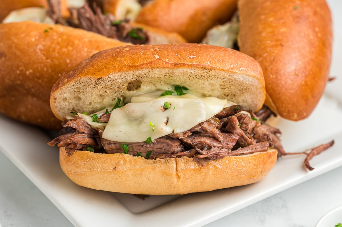 close up of a french dip sandwich.