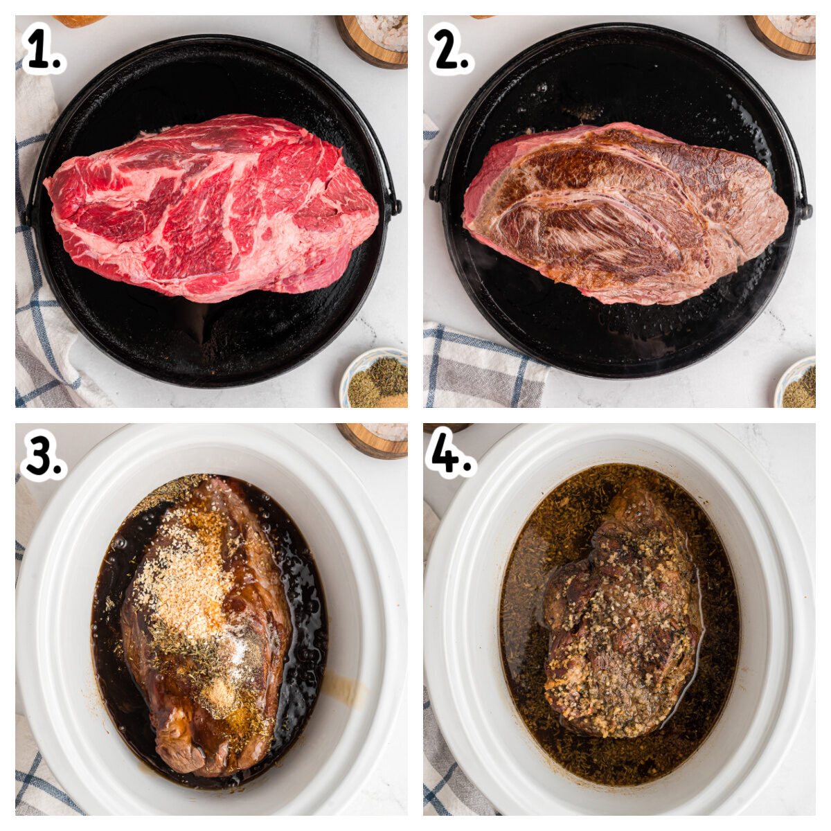 4 images showing how to make french dip meat in a crock pot.