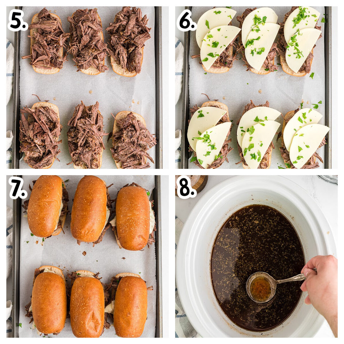 4 image showing how to assemble french dips sandwiches on hoagies.