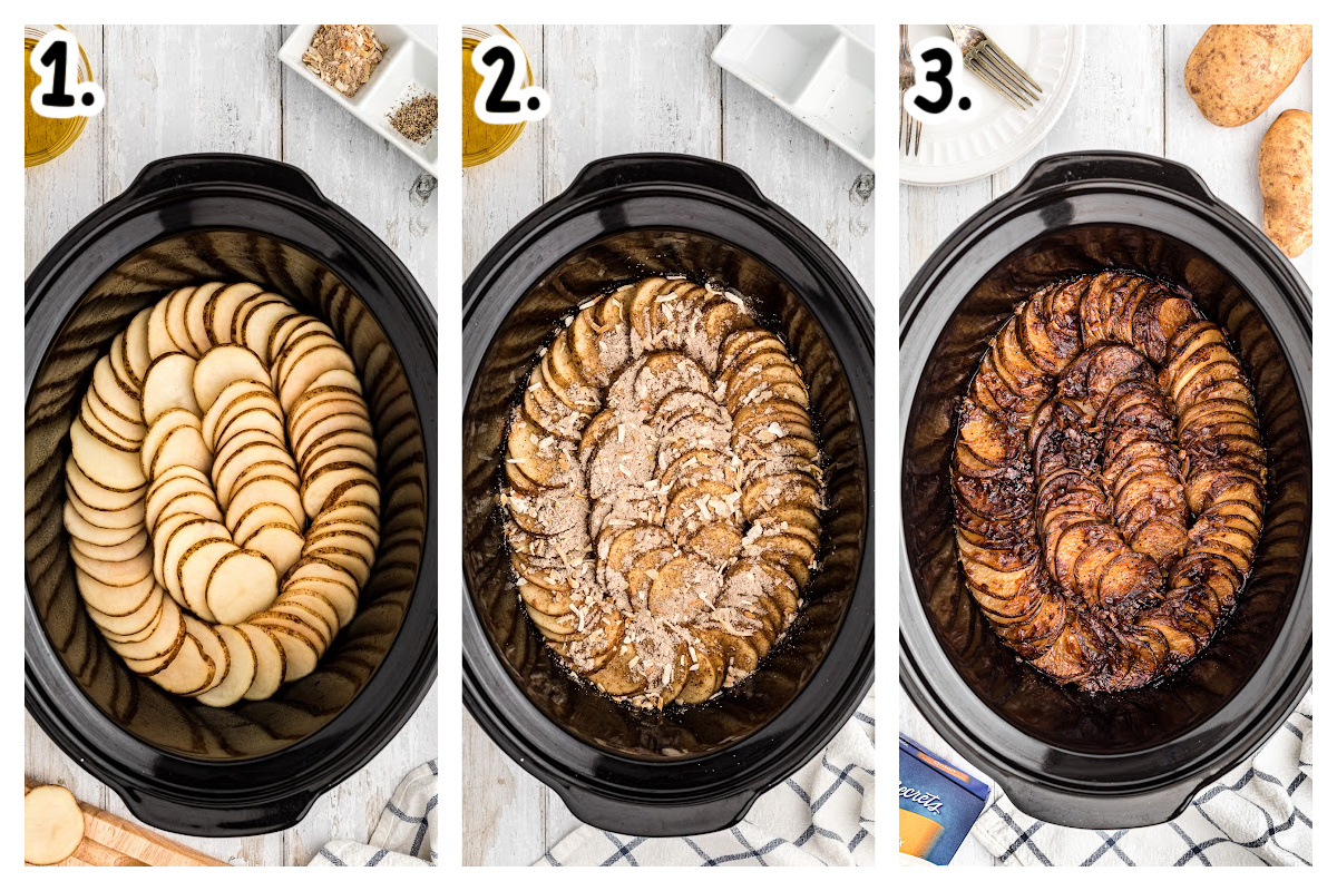 3 images showing how to make lipton potatoes in the slow cooker.
