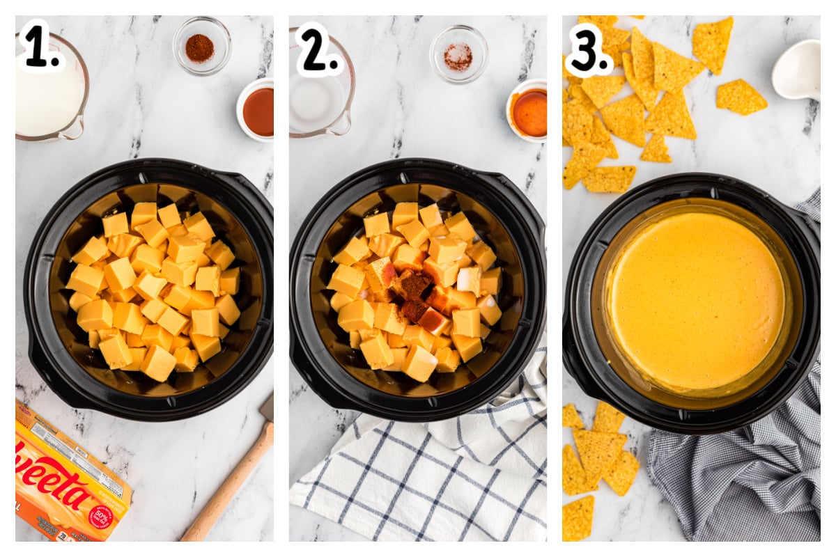 3 images of how to make nacho sauce in a crockpot.