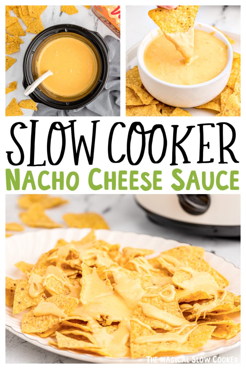 Collage of nacho cheese sauce with text of ingredients.