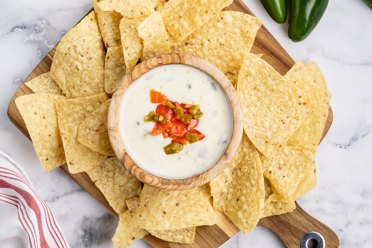 Overhead image of queso blanco with chips.