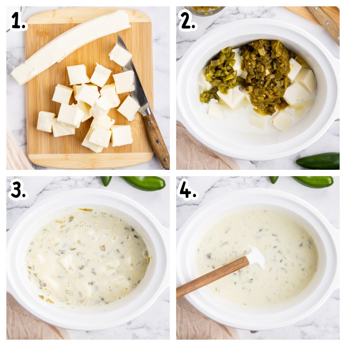 4 images showing how to make queso blanco in a slow cooker.