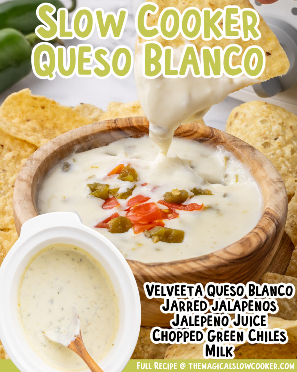 Branded image of queso blanco with ingredients and inset crock pot image.