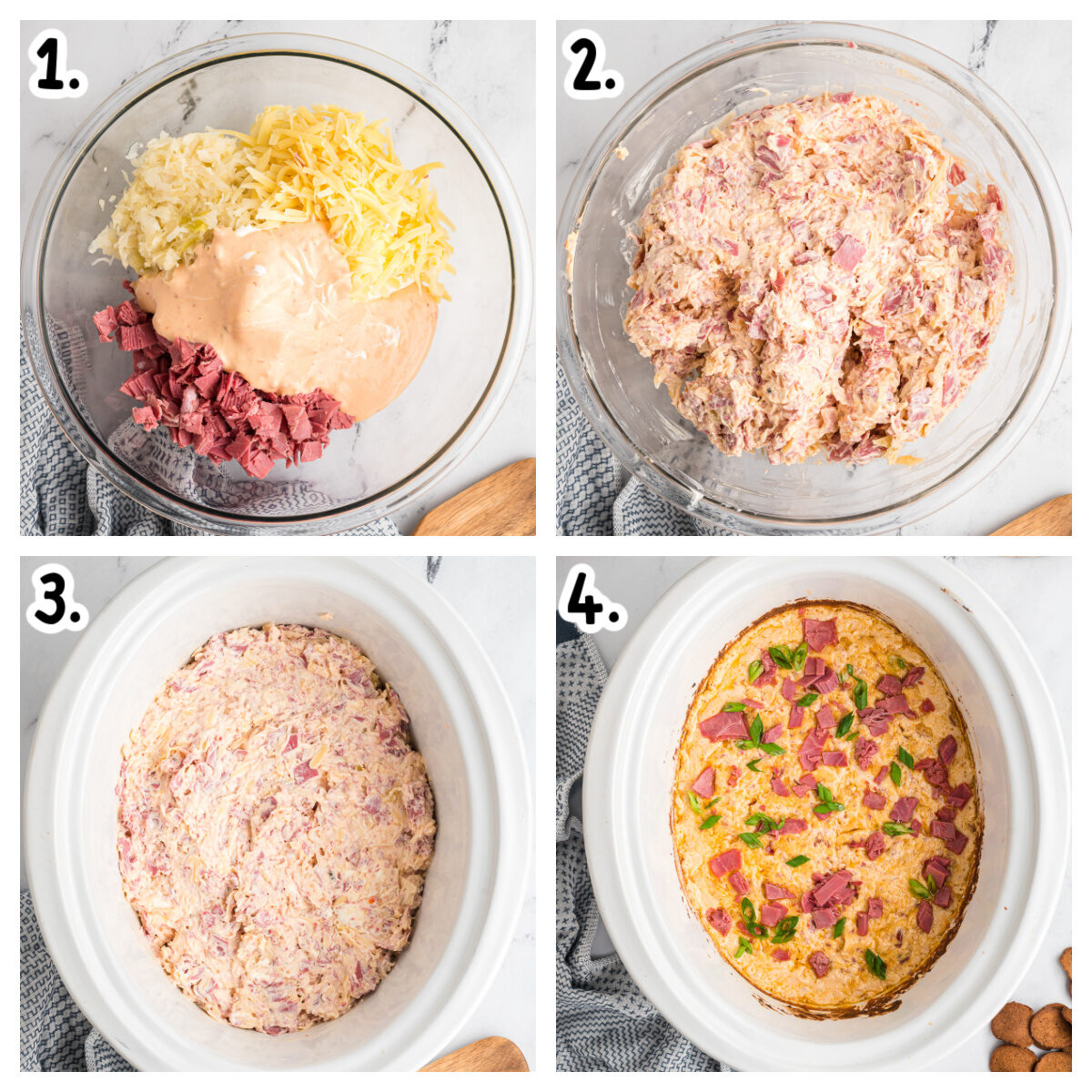 4 images showing how to make reuben dip in a slow cooker.