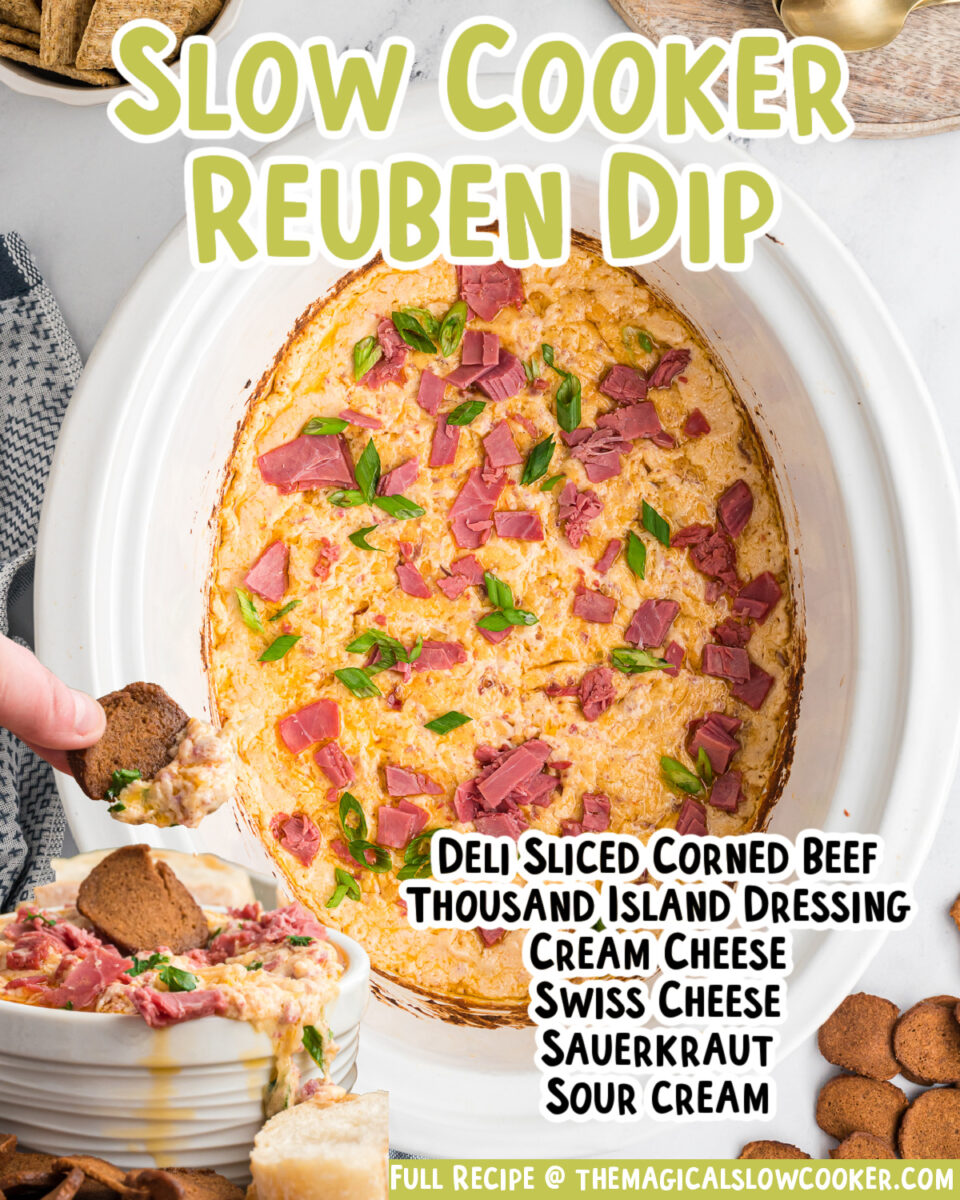 2 images of reuben dip with text for facebook.