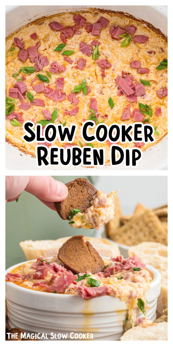 2 images of reuben dip with text for pinterest.