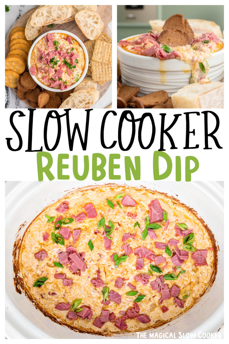 images of reuben dip with text overlay for pinterest.