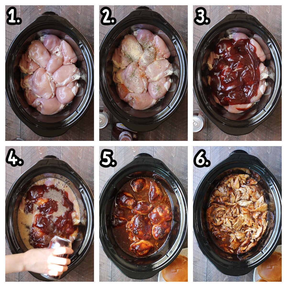 6 images of how to make root beer chicken in a crockpot.