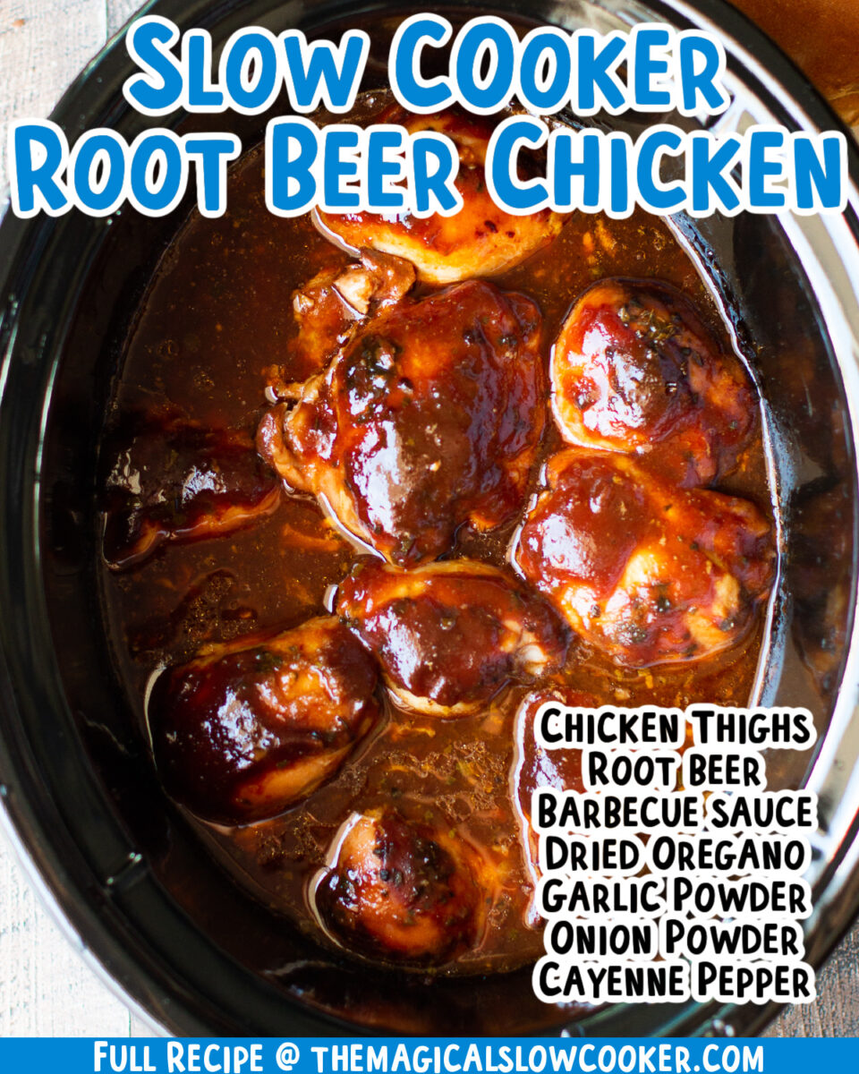 Root beer chicken in the crockpot with text overlay.
