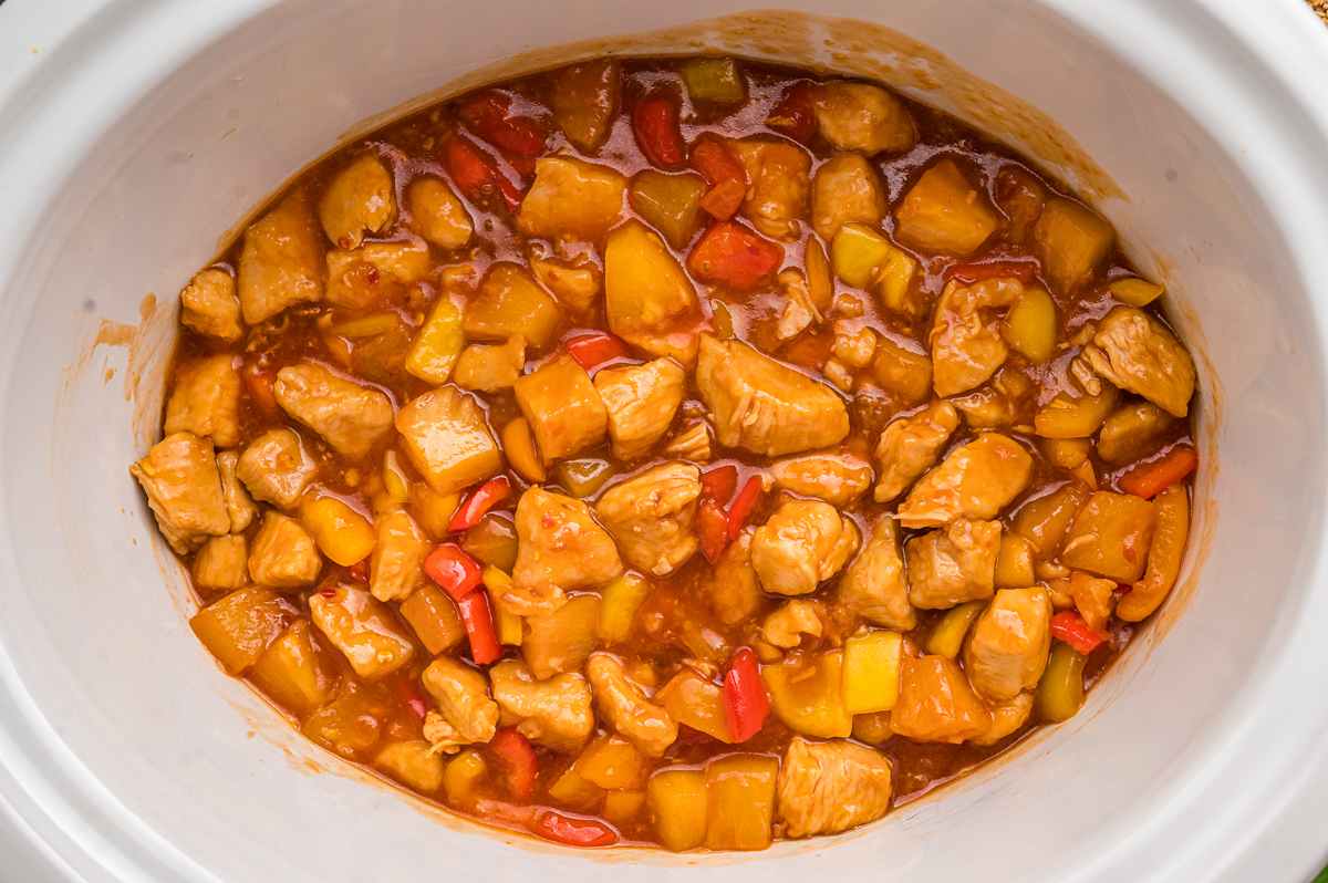 saucy sweet and sour chicken in the crockpot.