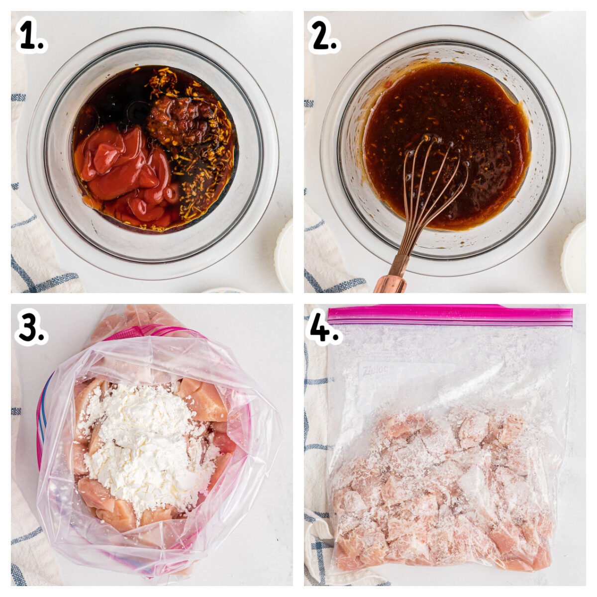 4 Images showing how to prepare the sauce and chicken for sweet and sour chicken.