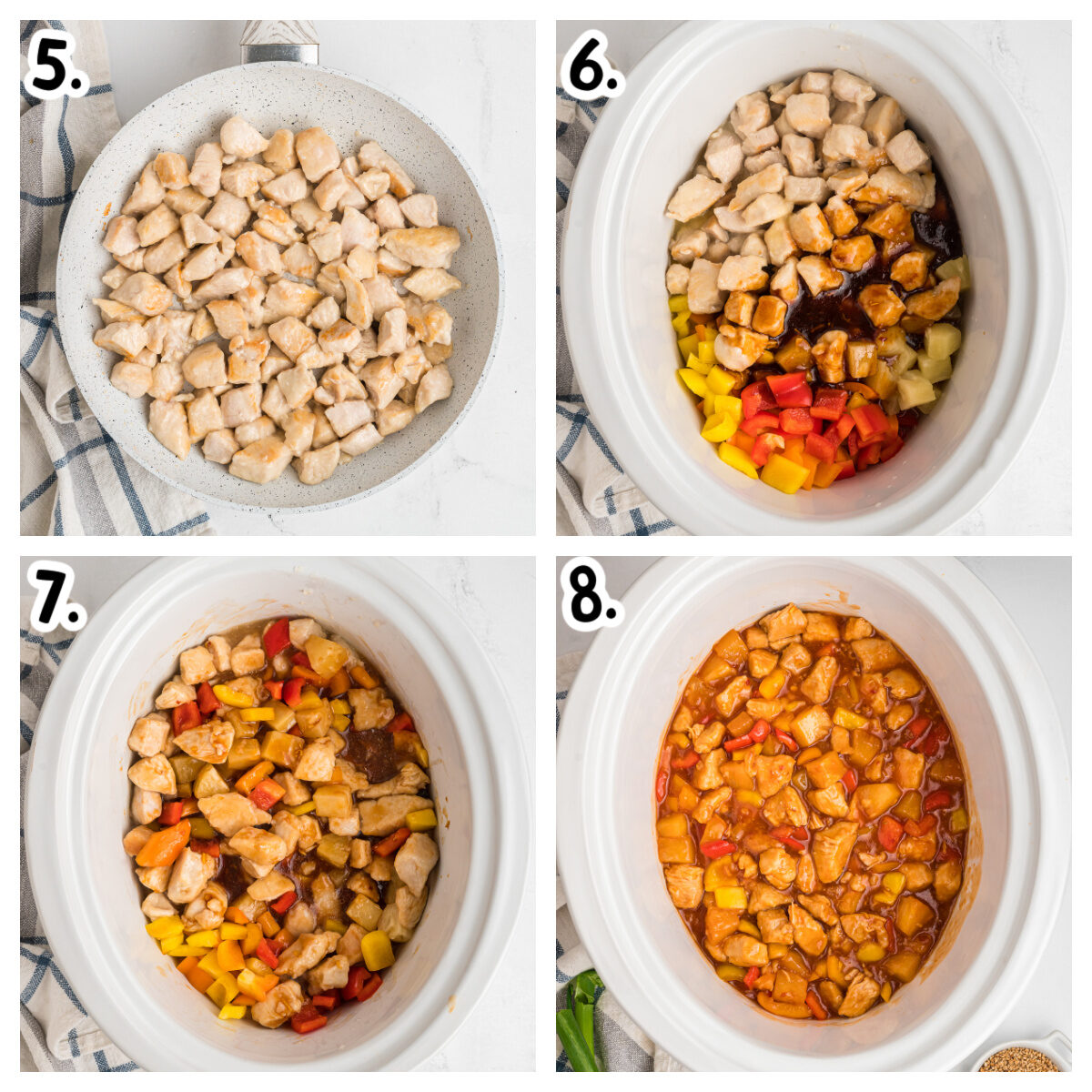 4 images showing how to brown chicken in a skillet and put all ingedients in the slow cooker.