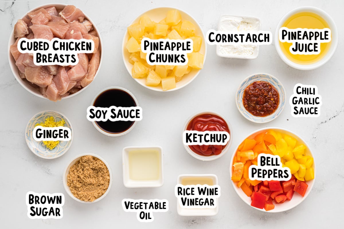 Ingredients for sweet and sour chicken on a table.