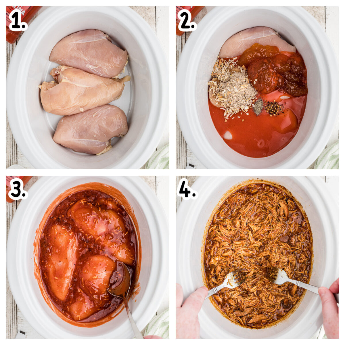 Four images showing how to make apricot chicken in a slow cooker.