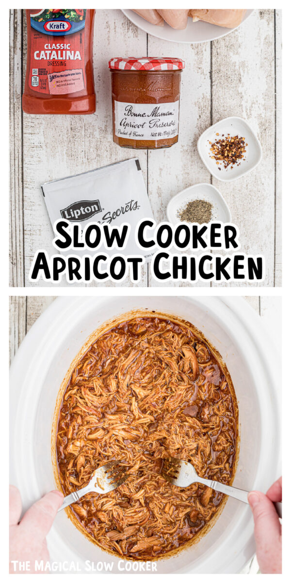 2 images of apricot chicken with text for pinterest.
