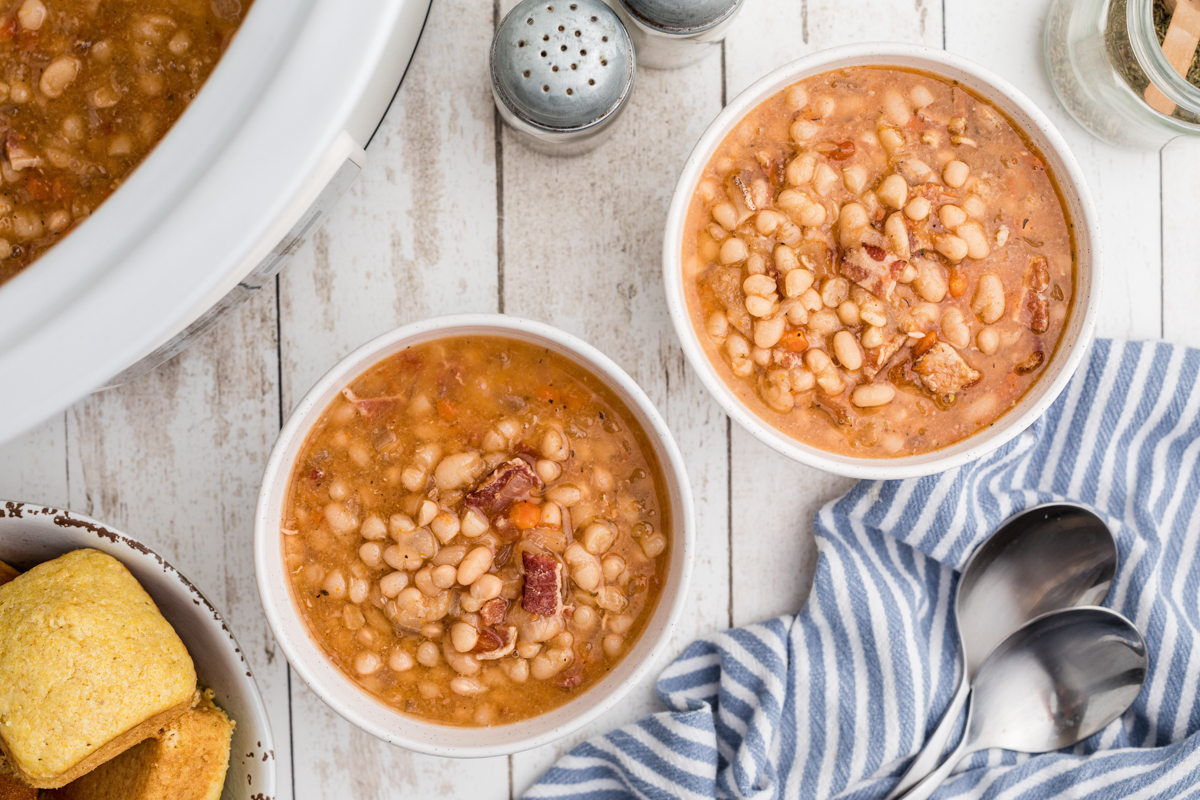 2 bowls of bean and bacon soup.