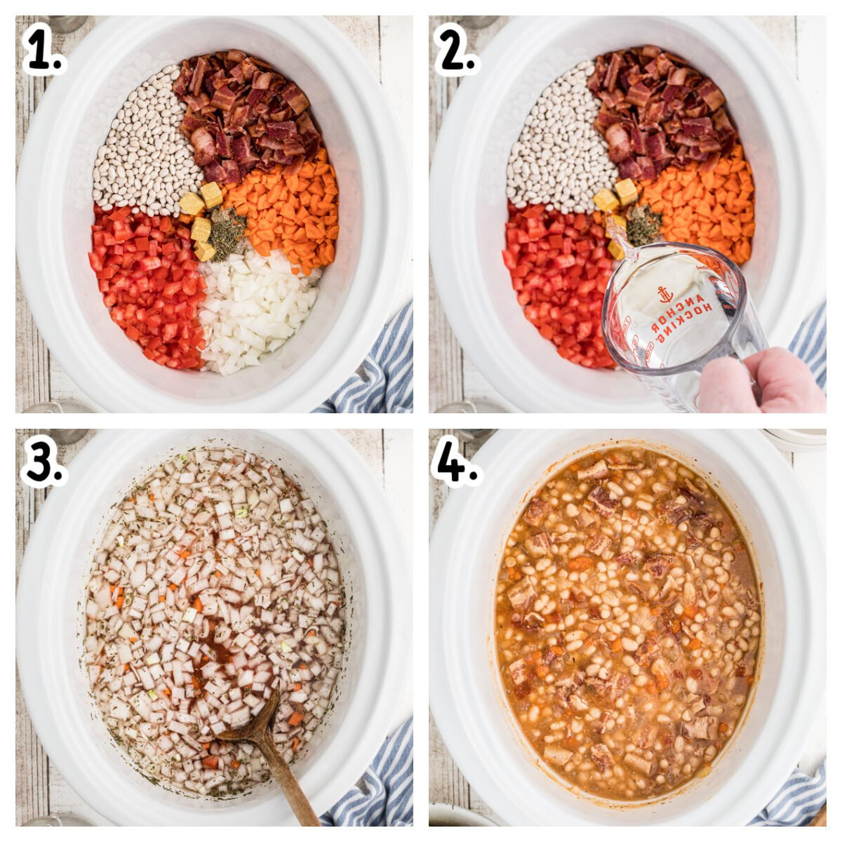 Four images showing how to make bean and bacon soup in a crockpot.