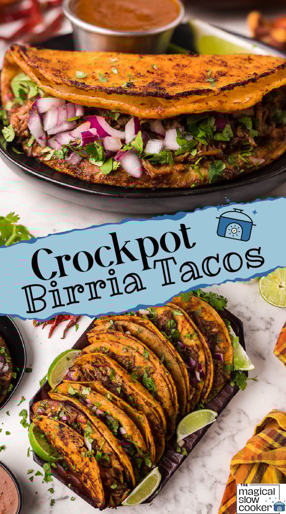 2 images of birria tacos with text overlay.