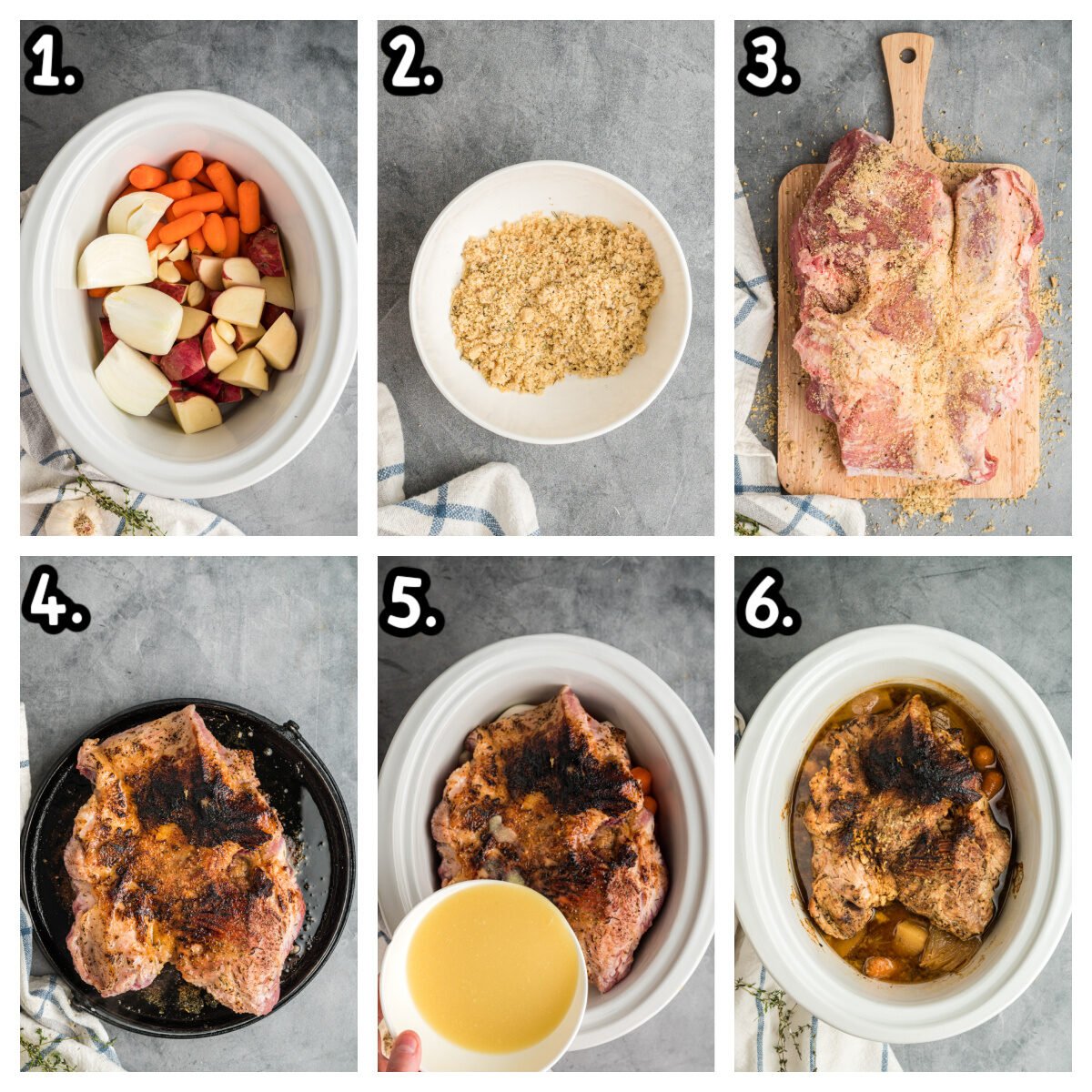 Six images showing how to make pork pot roast in a crockpot.