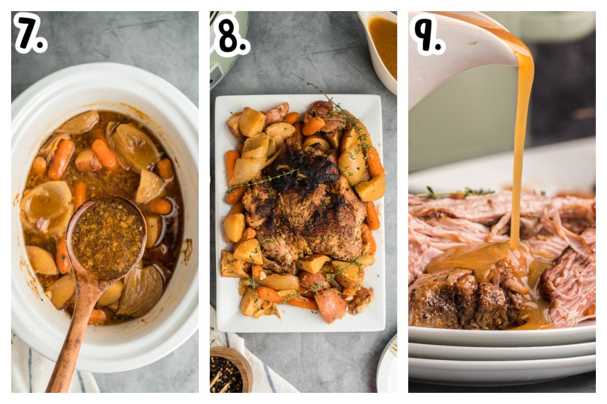 3 images showing how to make gravy and serve pork pot roast.