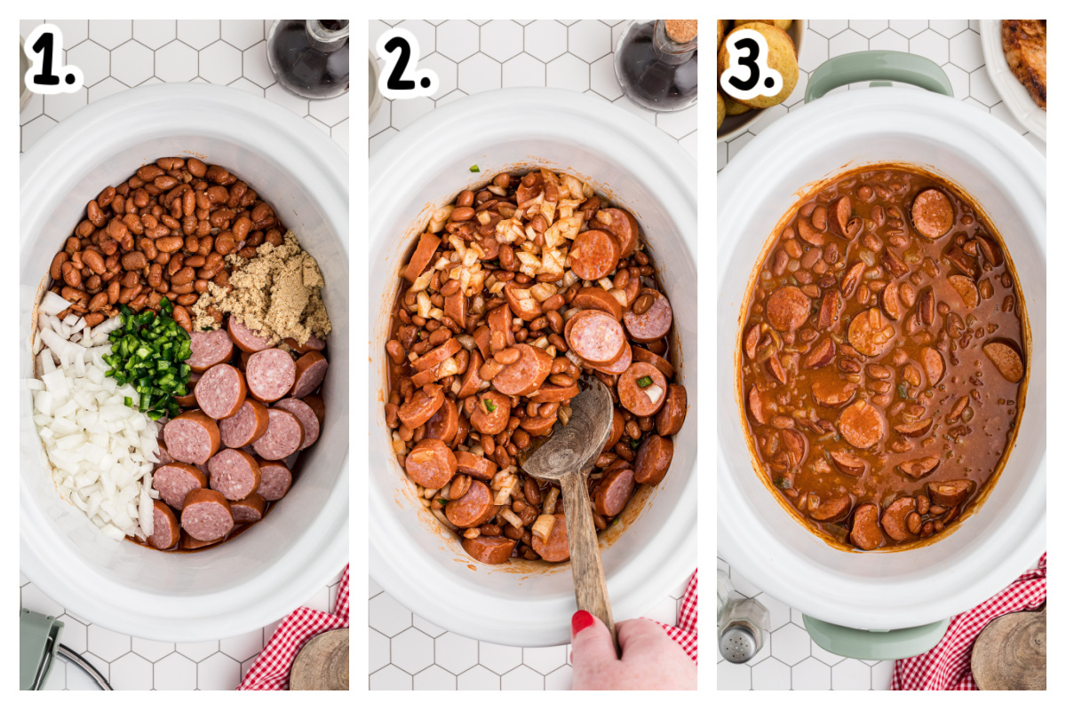 3 images showing how to make ranch beans with kielbasa.