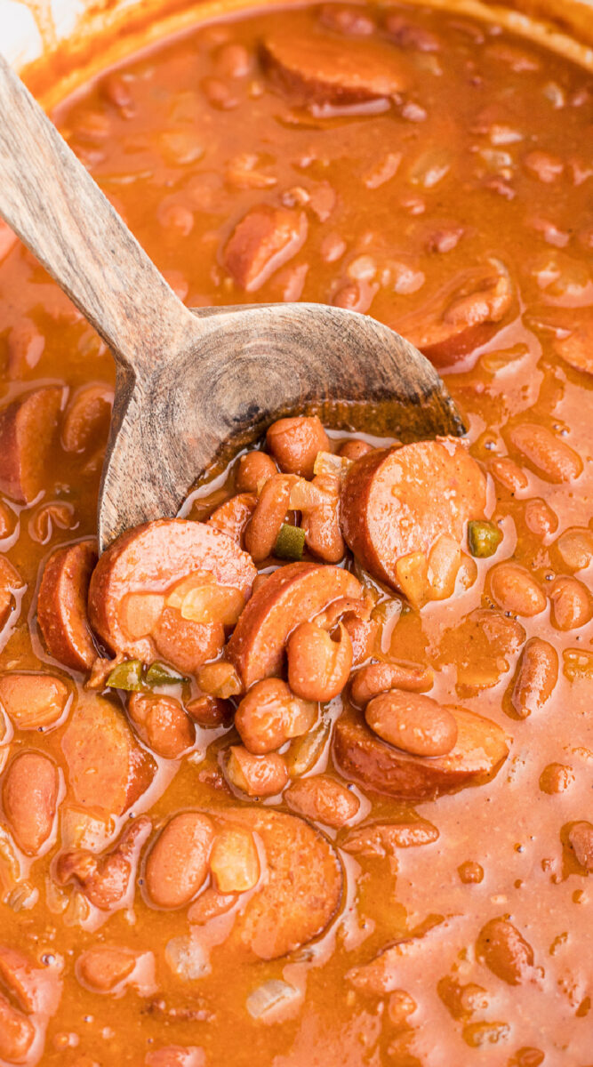 long image of kielbasa and beans.