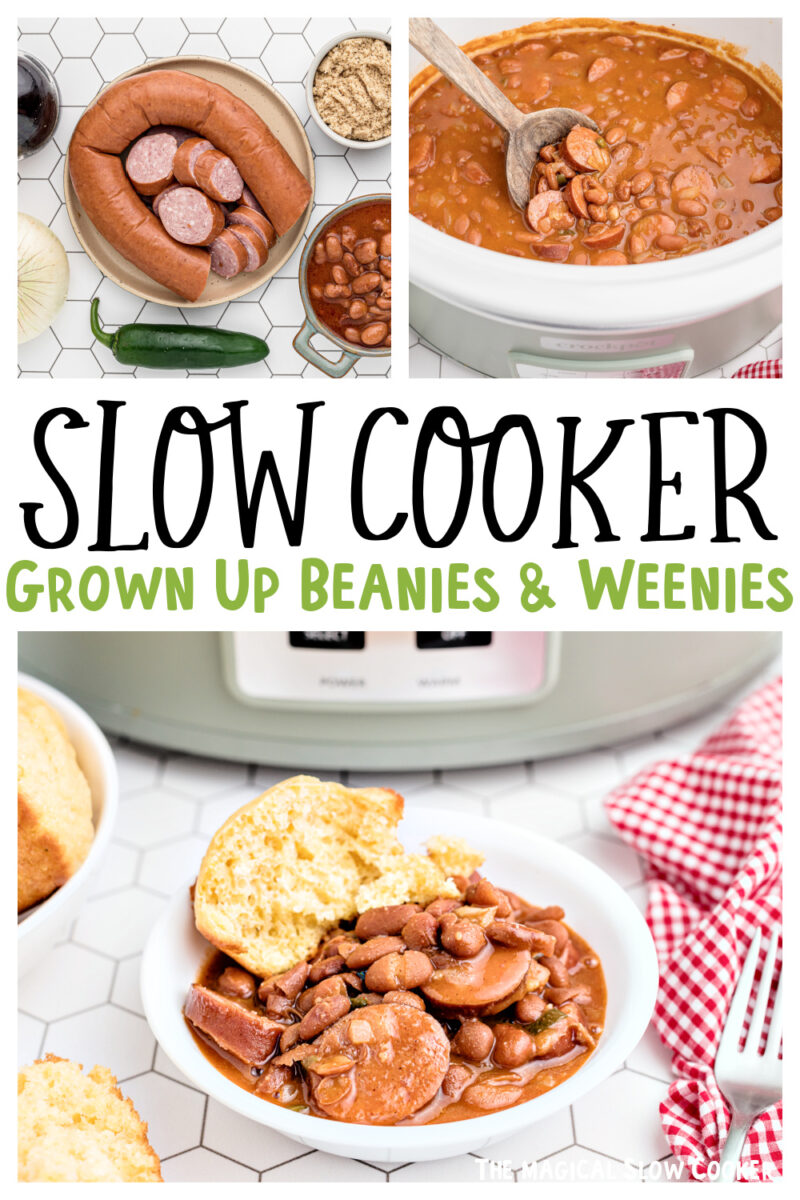 collage of grown up beanies and wienies in the slow cooker.
