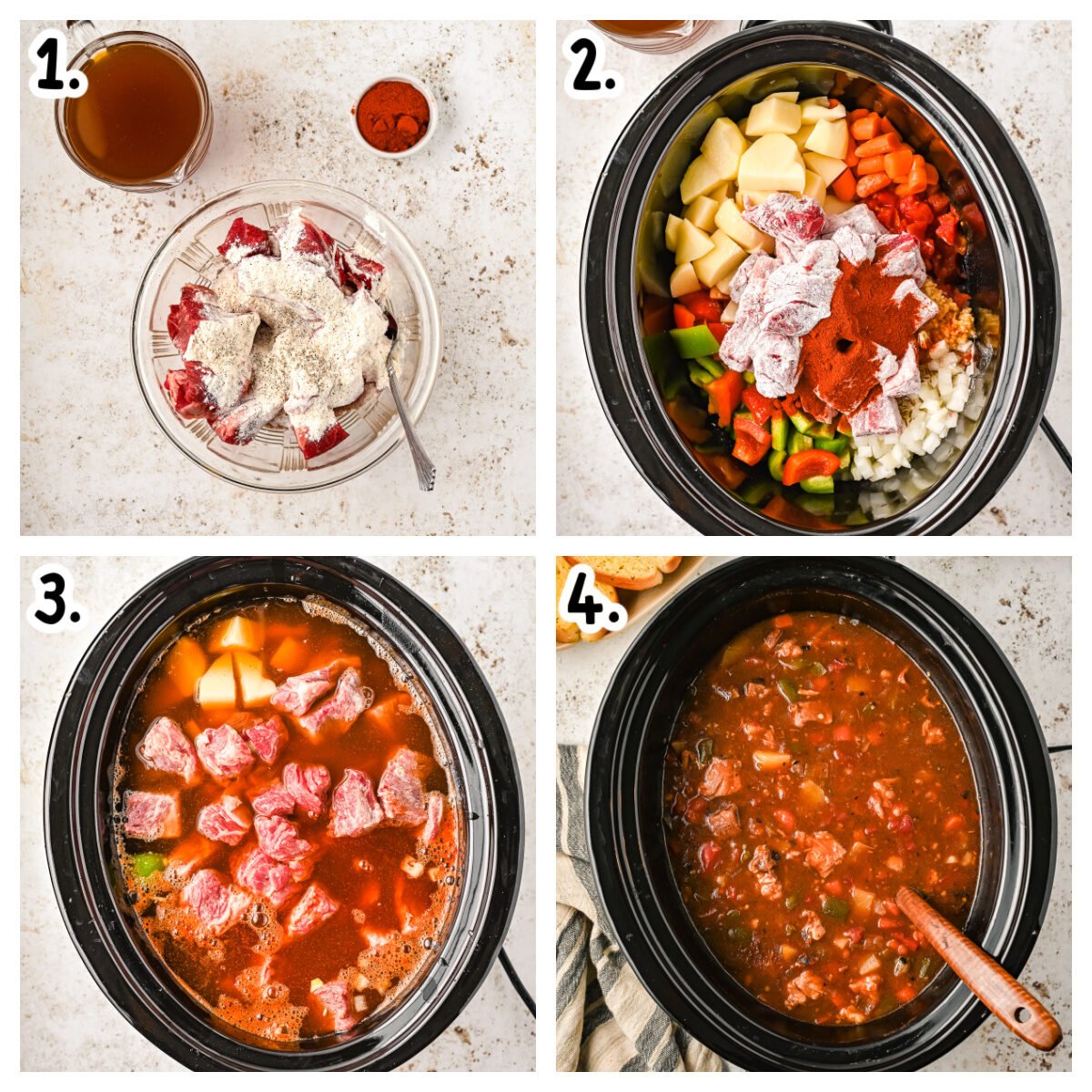 4 images showing how to make hungarian goulash in a crock pot.