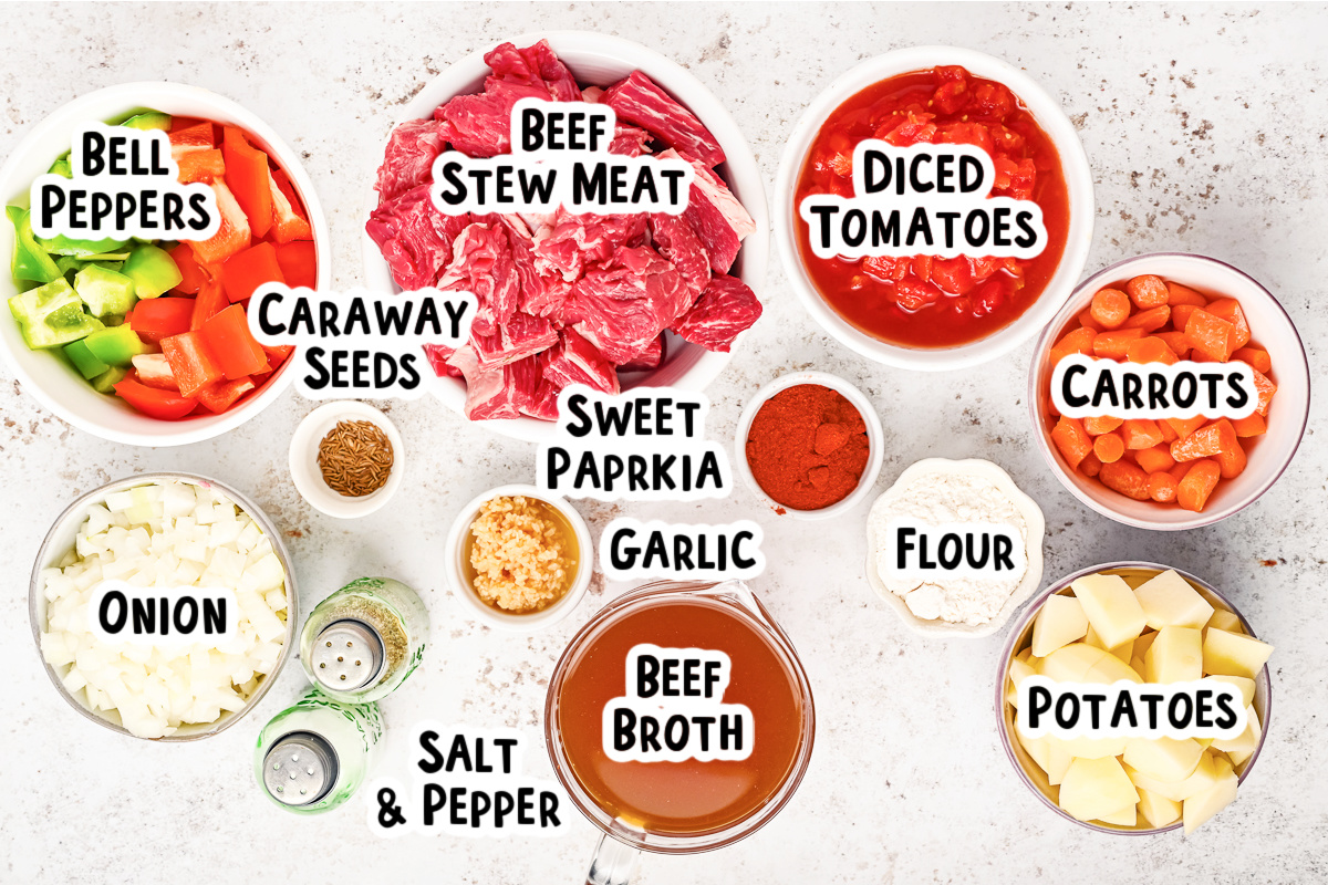 Ingredients for hungarian goulash on a table.