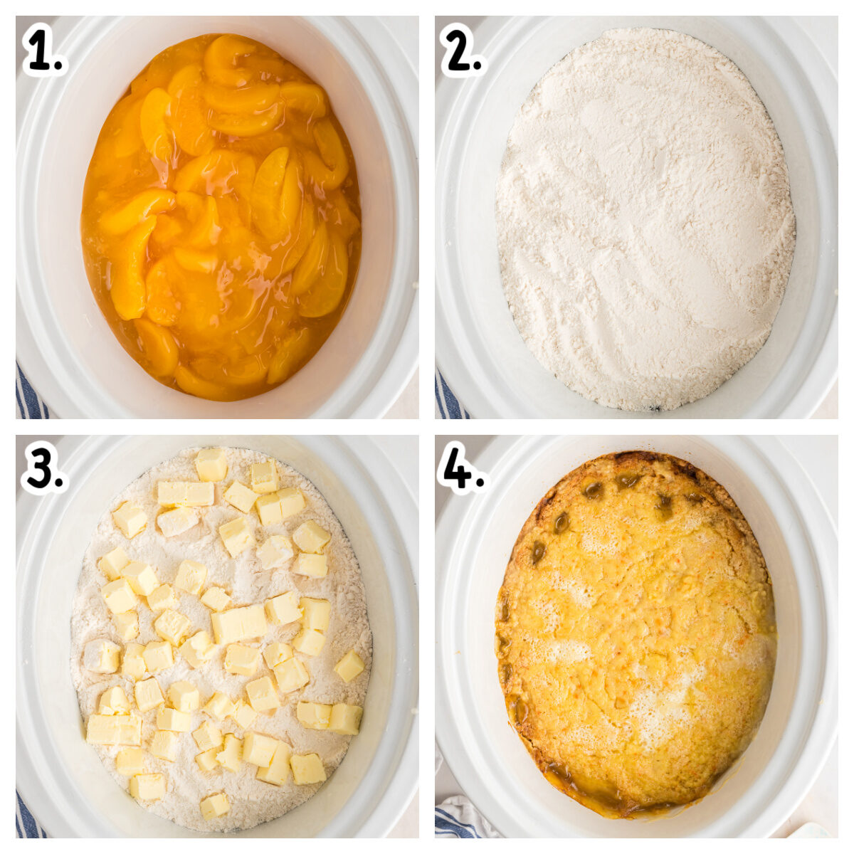 4 images showing how to make peach cobbler.