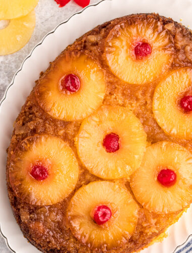 Pineapple upside down cake on a platter.